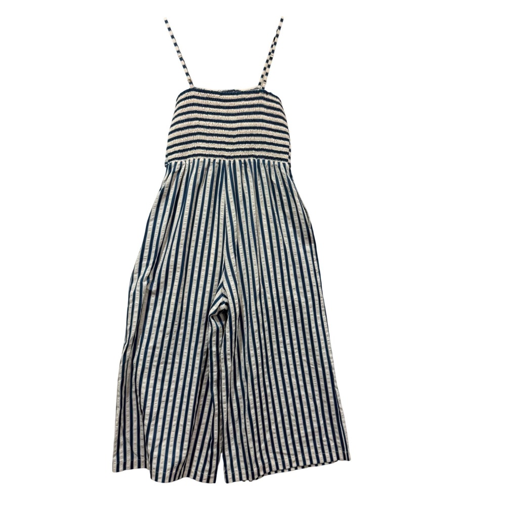 Doe and Rae Navy White Striped Smocked Wide Leg Jumpsuit Small Front Tie Cropped - Picture 2 of 4